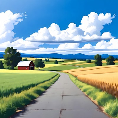 Red Barn in Rural Fields Landscape
