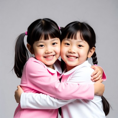 Twin Asian girls hugging