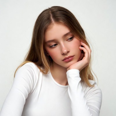 Young woman resting chin on hand