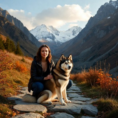 Woman with Husky in mountains