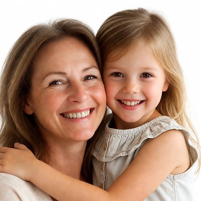 Mother hugging smiling daughter