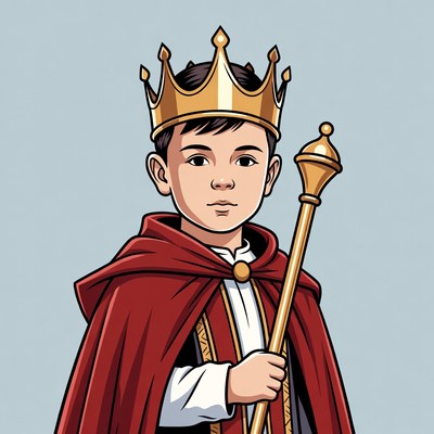 Young boy king with crown and scepter