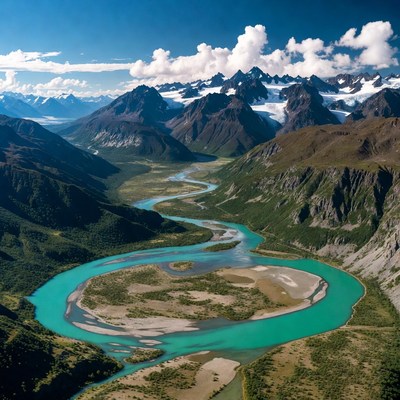 Turquoise River Meandering Through Snowy Mountains