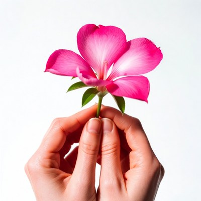 Hands holding pink hibiscus flower