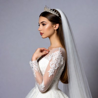 Bride with tiara and lace wedding gown