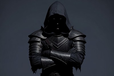 Armored hooded man arms crossed