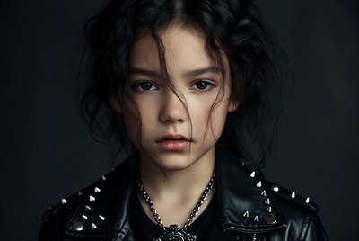 Asian girl in studded leather jacket