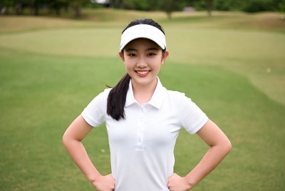 Asian girl in white golf outfit on course