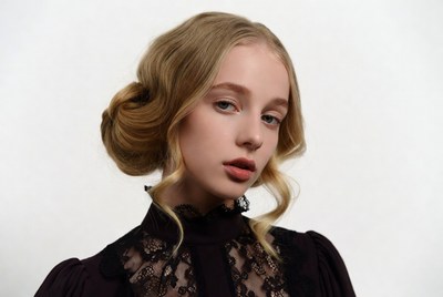 Blonde woman in lace Victorian blouse