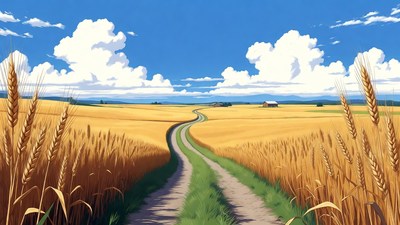 Winding path through golden wheat field