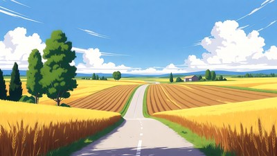 Winding road through golden wheat fields