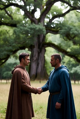 Two men shaking hands under oak tree