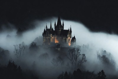 Gothic Castle in Foggy Night