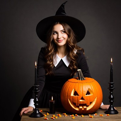 Woman in witch hat with jack-o-lantern
