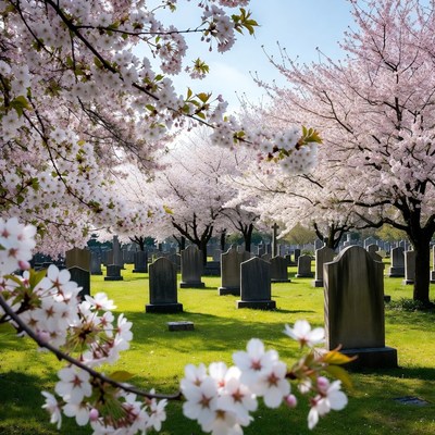 Cherry Blossoms Over Cemetery Gravestones