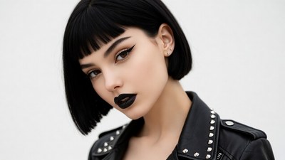 Woman with black bob haircut and leather jacket