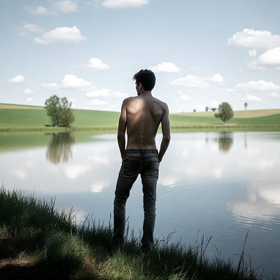 Shirtless man overlooking lake