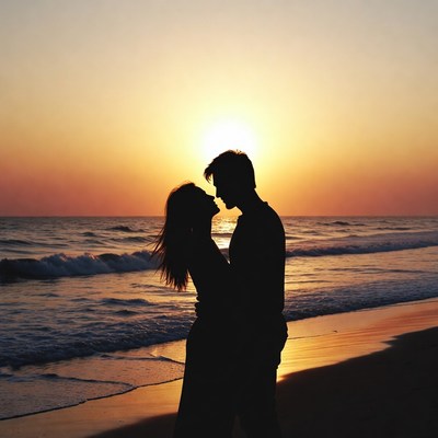 Silhouette couple kissing at sunset beach