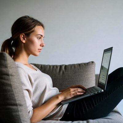 Woman working on laptop on couch