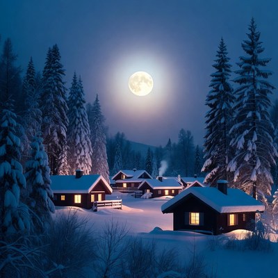 Snowy Cabins Under Full Moon