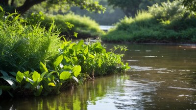 Green plants along serene riverbank