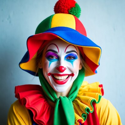 Smiling female clown in colorful costume