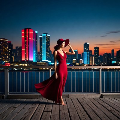 Woman in red dress on pier at night