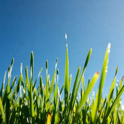 Dewy green grass blades under blue sky