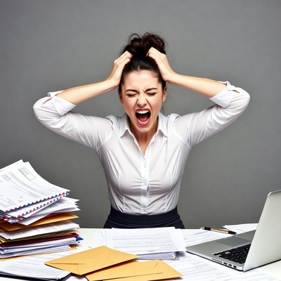 Stressed woman pulling hair at desk