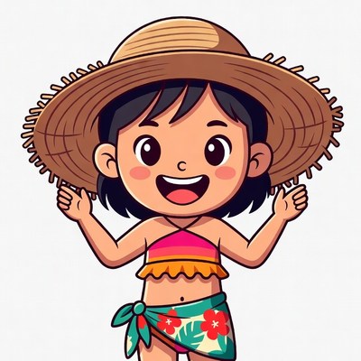 Cartoon girl in swimsuit and straw hat