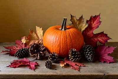 Pumpkin with Pinecones and Autumn Leaves