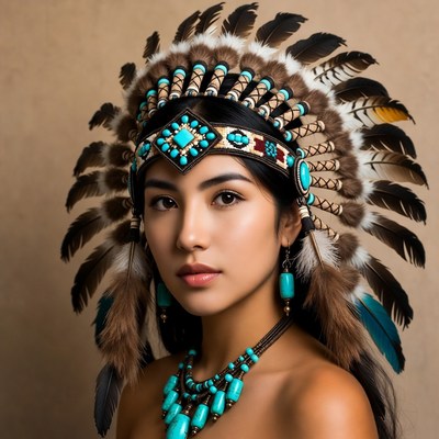 Asian woman in turquoise feather headdress
