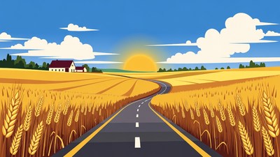 Winding road through golden wheat fields
