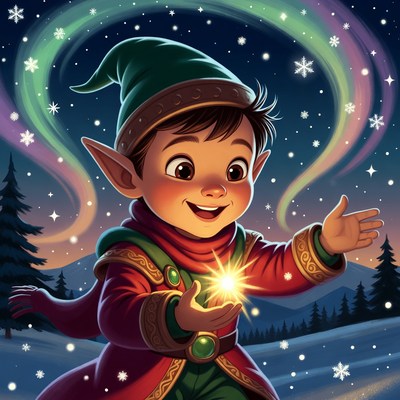 Cute Christmas Elf Holding Magic Star