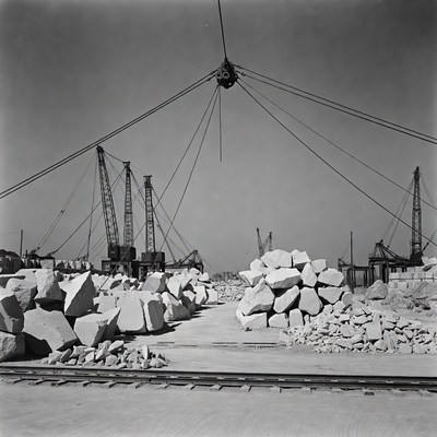 Crane Lifting Stone over Construction Yard