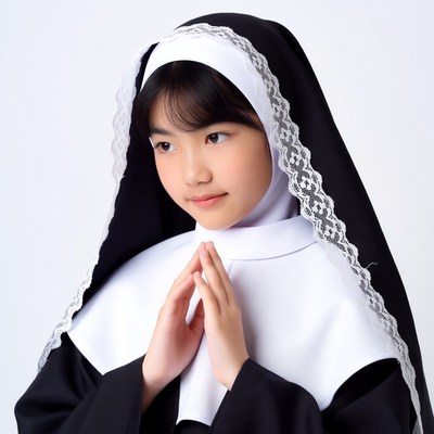 Asian girl praying in nun habit