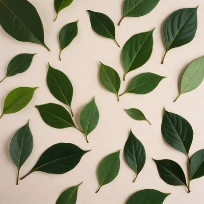 Green Leaves Scattered on Beige Background
