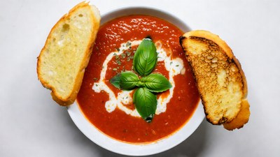 Tomato Soup with Bread and Basil