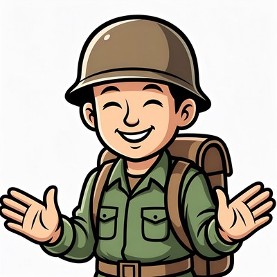 Smiling Asian soldier cartoon with backpack