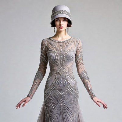 Woman in Beaded Gray Flapper Dress