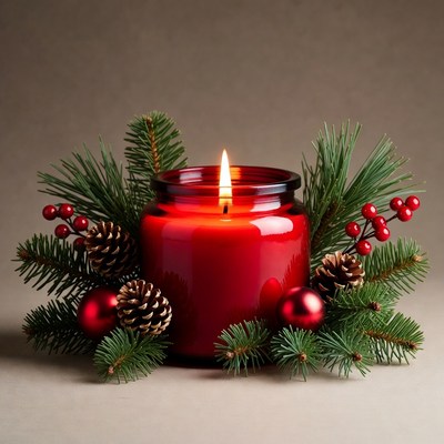 Red Christmas Candle with Pine and Ornaments