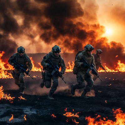 Soldiers Running Through Battlefield Fire