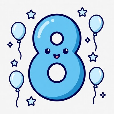 Cute Blue Number 8 with Balloons