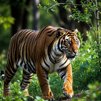 Tiger walking in green forest