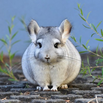 Chinchilla with leaves on blue background