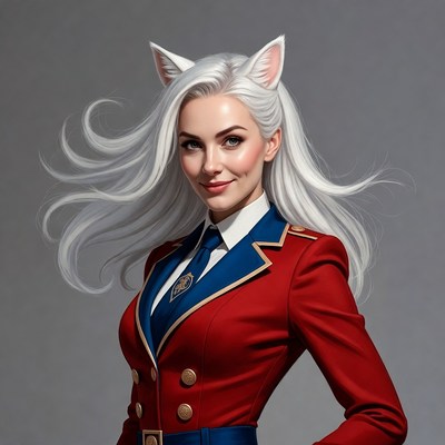 White-haired catgirl in red military uniform