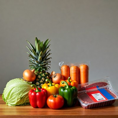 Fresh vegetables meat pineapple on table