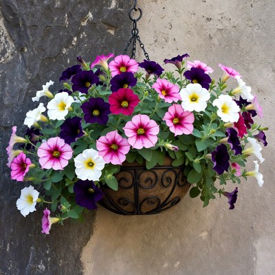 Colorful Petunias in Hanging Basket