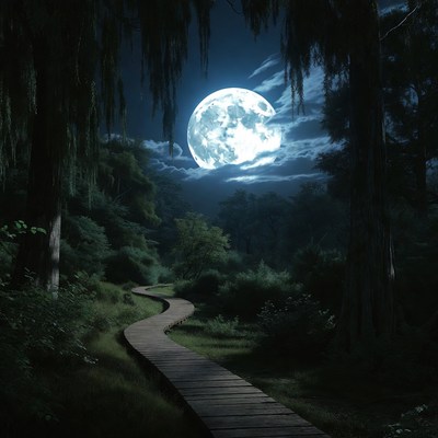 Moonlit Path in Dark Forest