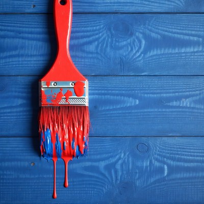 Red Paintbrush Dripping on Blue Wood